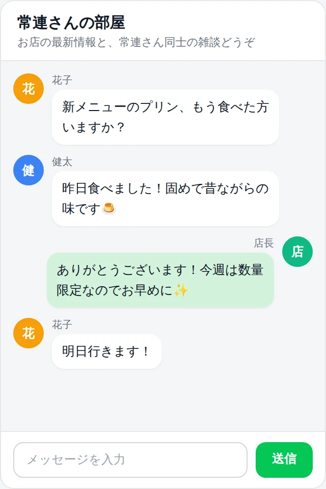 コミュニティルーム画面のイメージ。「常連さんの部屋」で友だち同士が新メニューについて雑談し、店長が返信している